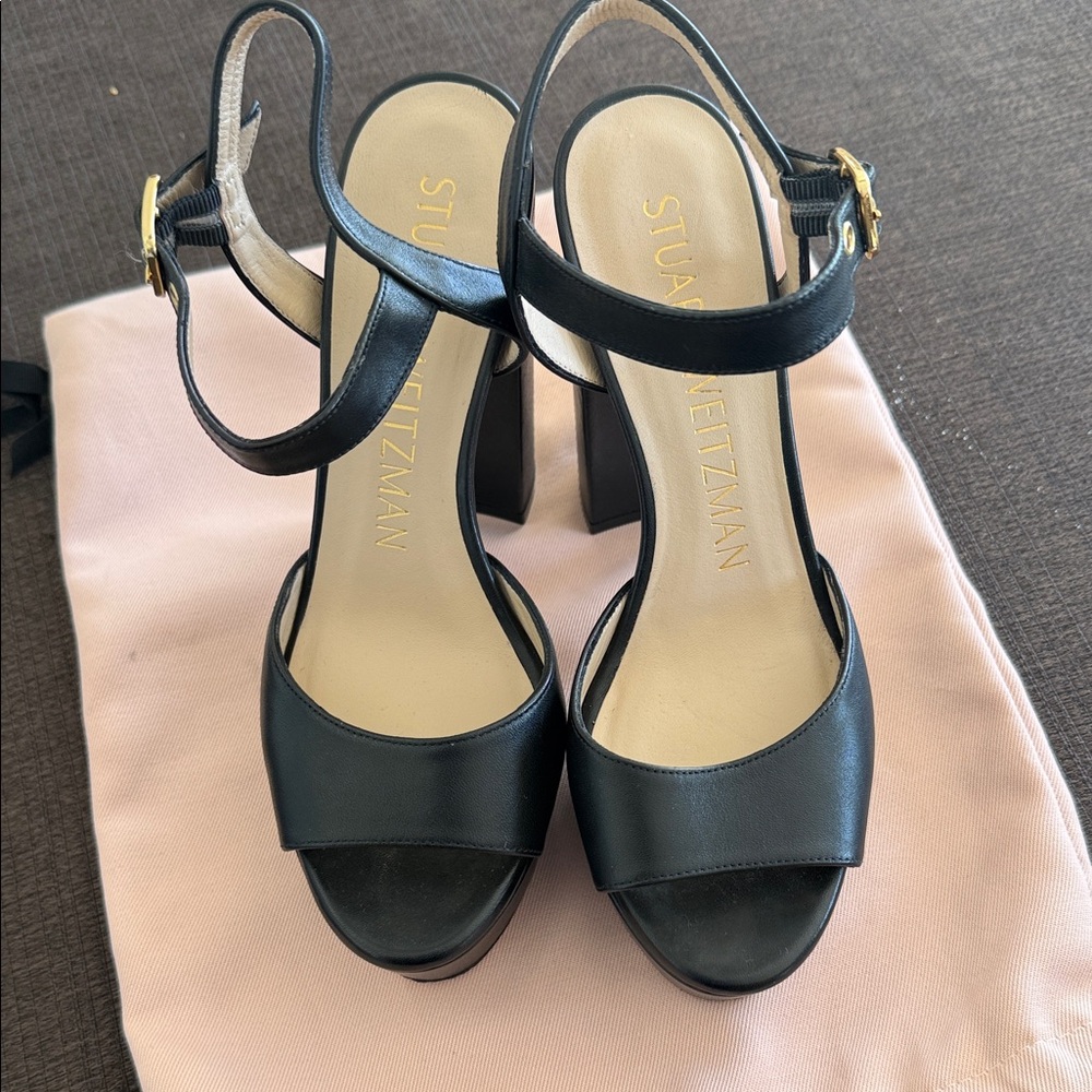 Stuart Weitzman Black Leather Block Heel Sandals with Gold Buckles